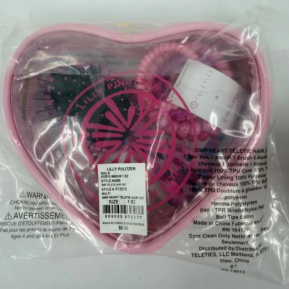 Lilly Pulitzer x Teleties Heart Hair Set Pouch Brush Ties Pink Leopard 012013